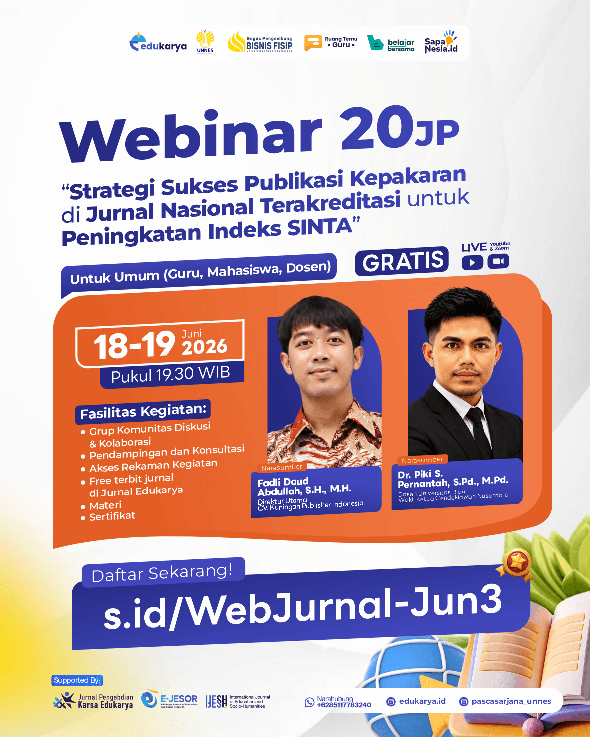Webinar Nasional 20JP: "Strategi Sukses Publikasi Kepakaran di Jurnal Nasional Terakreditasi untuk Peningkatan Indeks SINTA"