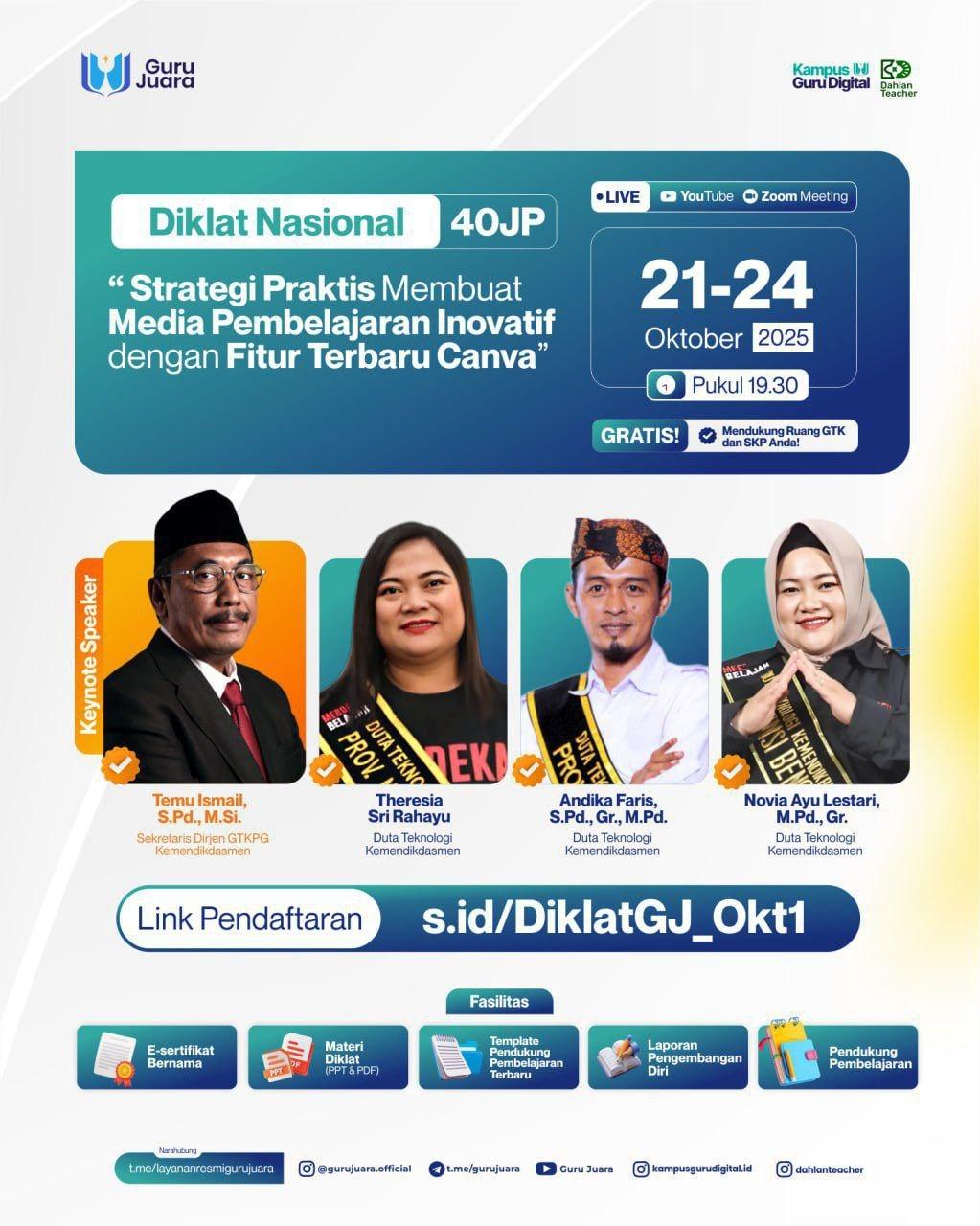 Diklat Nasional 40JP Gratis dengan tema Strategi Praktis Membuat Media Pembelajaran Inovatif dengan Fitur Terbaru Canva
