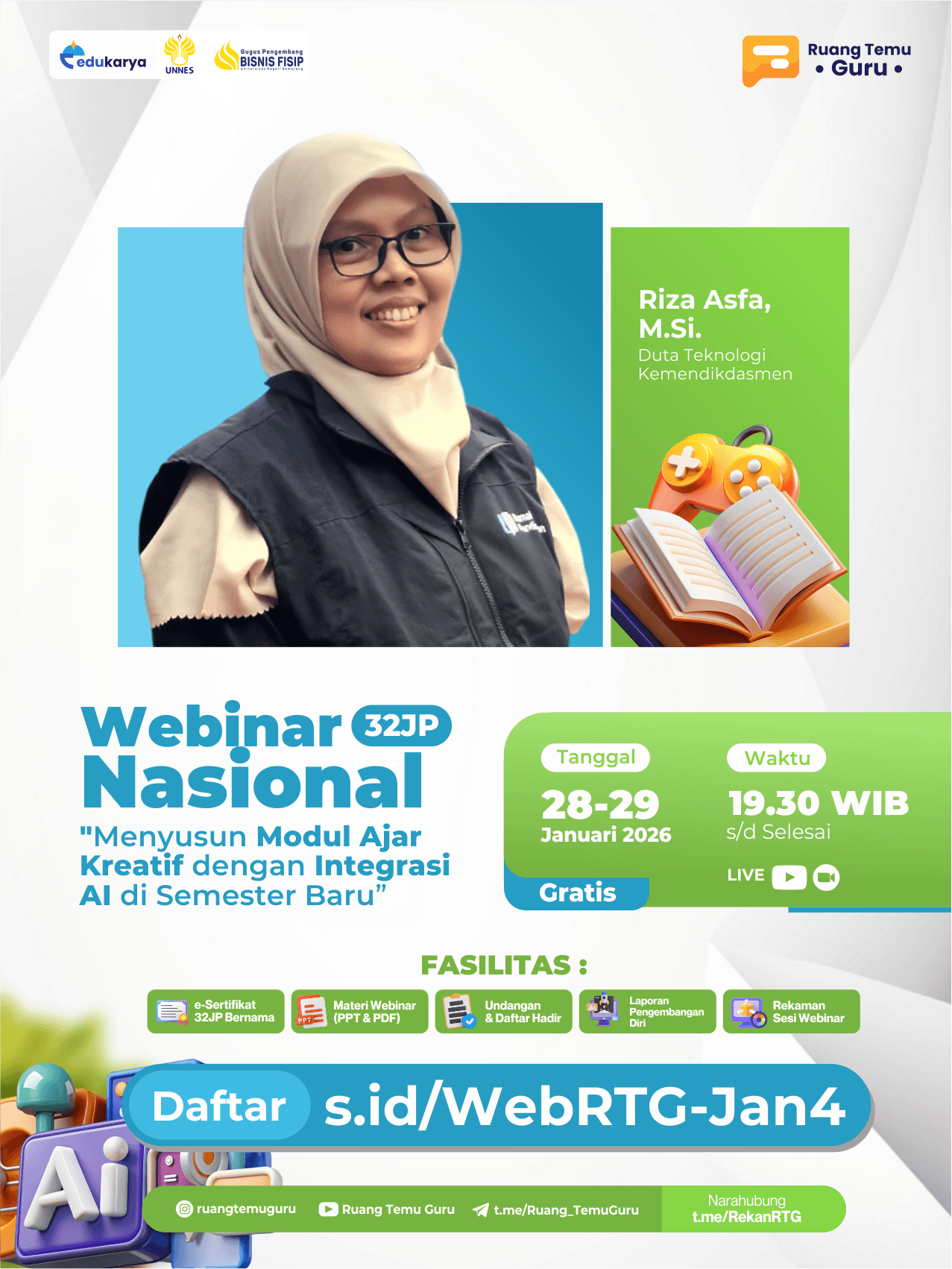 Webinar Nasional 32JP : "Menyusun Modul Ajar Kreatif dengan Integrasi AI di Semester Baru" 