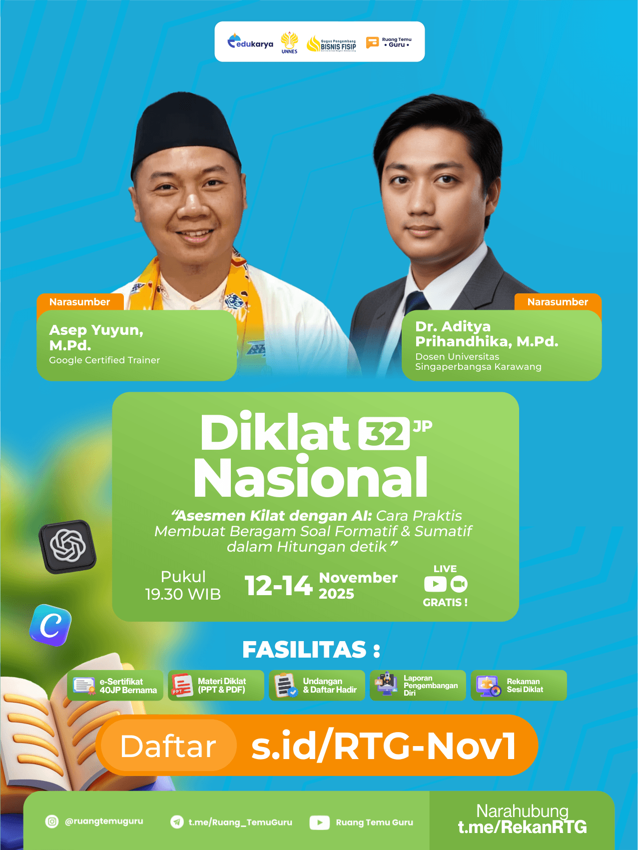 Diklat Nasional 32JP: "Asesmen Kilat dengan AI: Cara Praktis Membuat Beragam Soal Formatif & Sumatif dalam Hitungan Detik" 