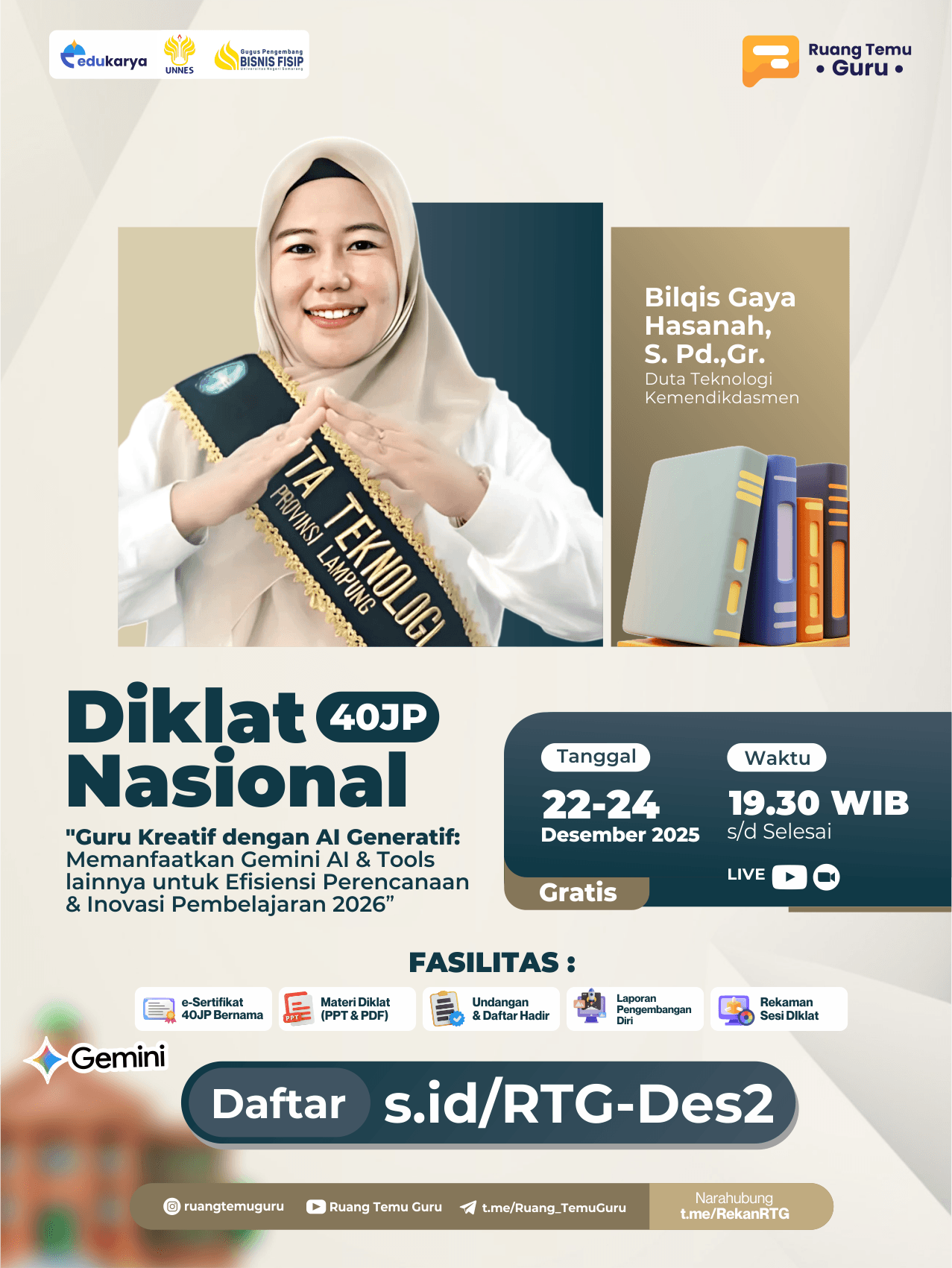 Diklat Nasional 40JP : "Guru Kreatif dengan AI Generatif: Memanfaatkan Gemini AI & Tools lainnya untuk Efisiensi Perencanaan & Inovasi Pembelajaran 2026" 