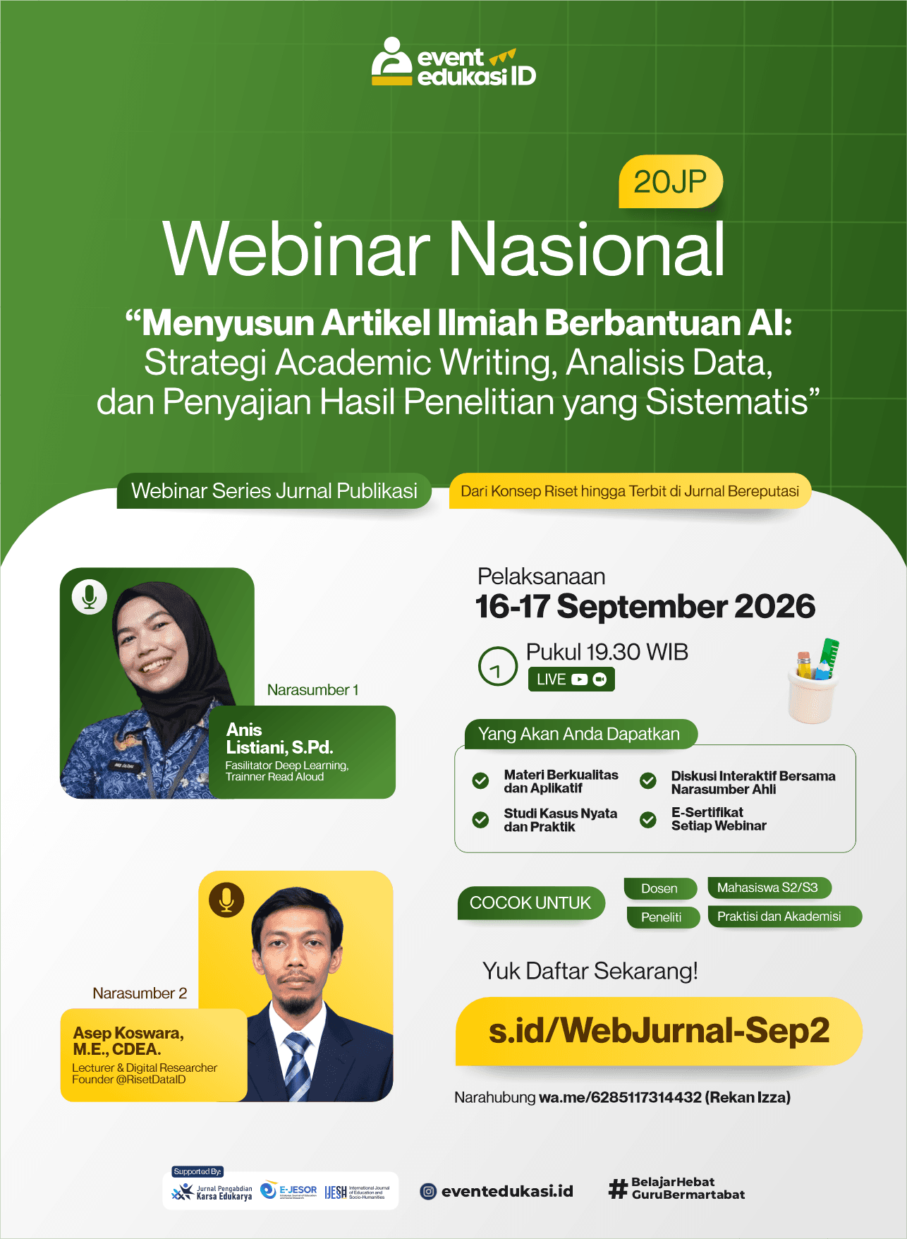 Webinar Jurnal 20JP: "Menyusun Artikel Ilmiah Berbantuan AI: Strategi Academic Writing, Analisis Data, dan Penyajian Hasil Penelitian yang Sistematis"