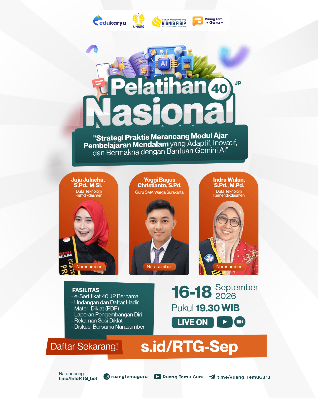 Pelatihan Nasional 40JP: "Strategi Praktis Merancang Modul Ajar Pembelajaran Mendalam yang Adaptif, Inovatif, dan Bermakna dengan Bantuan Gemini AI" 